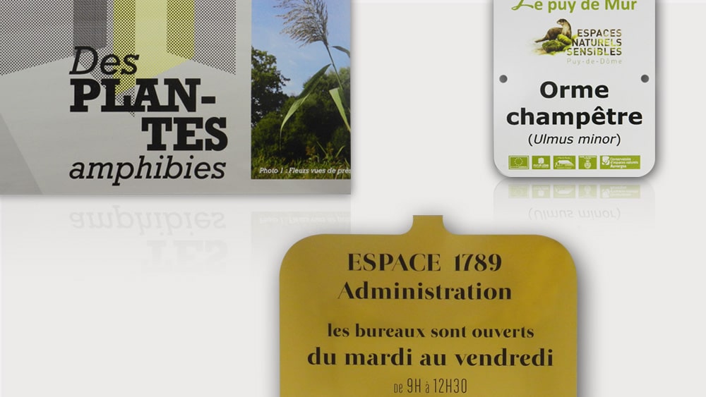 Plaques de signalétique imprimées sur aluminium anodisé naturel, or ou laqué