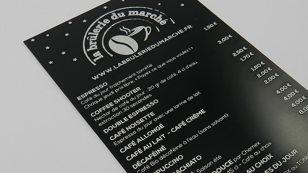 carte de menu métallique avec gravure laser
