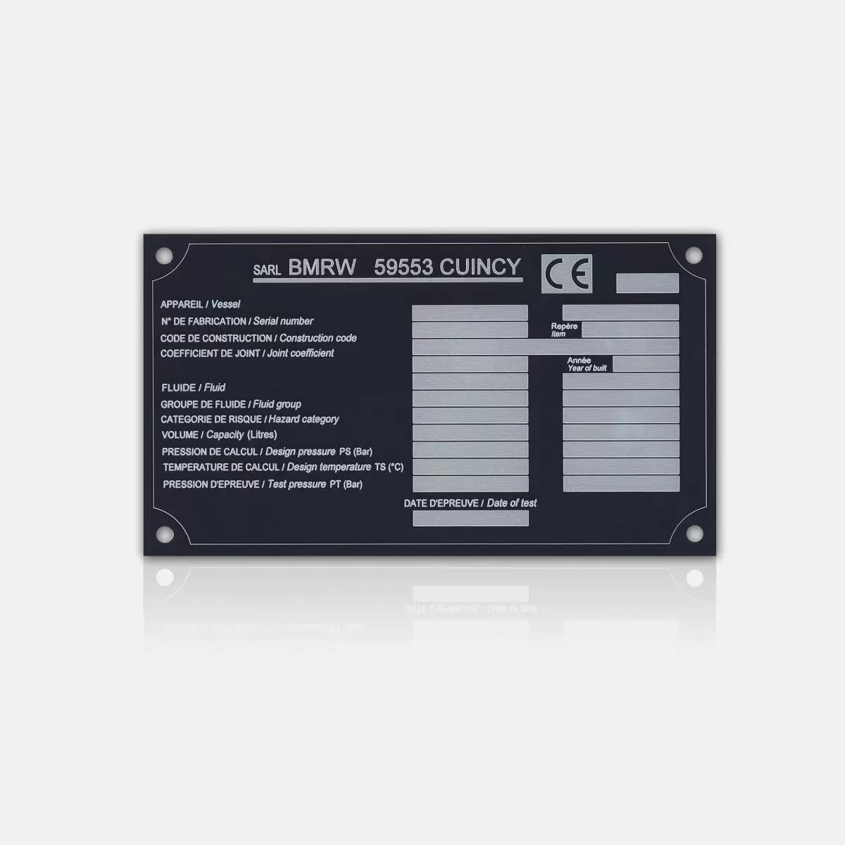 Plaque conformité aluminium anodisé noir laser | Marquage Moderne Produit